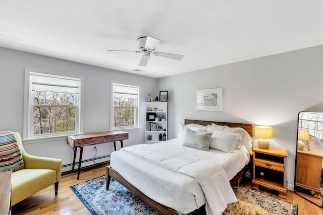 95 Red Brook Rd, Waquoit, MA 02536 - bedroom with visible vents, baseboards, a ceiling fan, baseboard heating, and light wood-style flooring