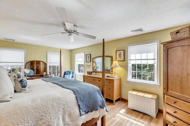95 Red Brook Rd, Waquoit, MA 02536 - bedroom with visible vents, baseboards, light wood-type flooring, a ceiling fan, and radiator heating unit