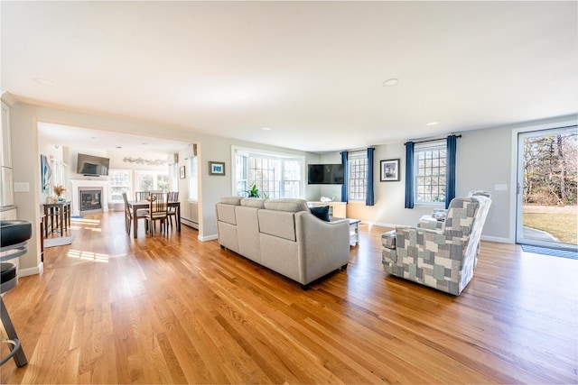 living room featuring baseboards, plenty of natural light, a glass covered fireplace, and light wood-style floors