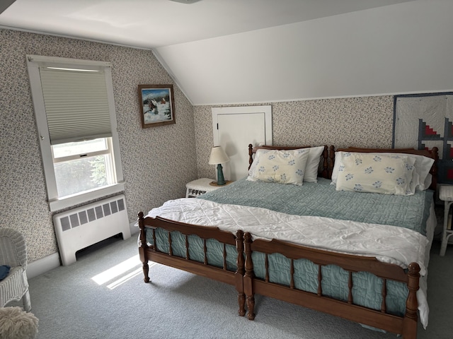 2 Shell Ln, Orleans, MA 02653 - carpeted bedroom with radiator heating unit, lofted ceiling, and wallpapered walls