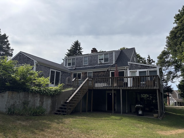 2 Shell Ln, Orleans, MA 02653 - rear view of house featuring a deck, a chimney, a yard, and stairs