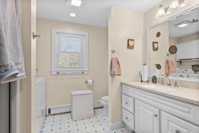 69 Upper County Rd, South Dennis, MA 02660 - bathroom with baseboard heating, vanity, tile patterned floors, and recessed lighting