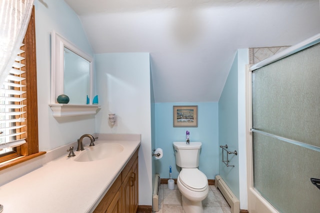 11 Polaris Dr, Mashpee, MA 02649 - full bathroom with a baseboard radiator, vaulted ceiling, vanity, toilet, and a shower with shower door