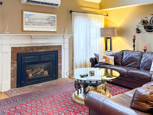 11 Polaris Dr, Mashpee, MA 02649 - living area with a wall unit AC and a fireplace