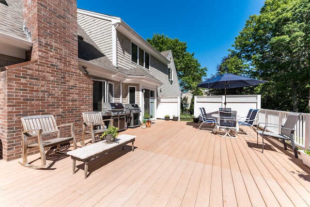 11 Polaris Dr, Mashpee, MA 02649 - wooden deck with outdoor dining space and grilling area