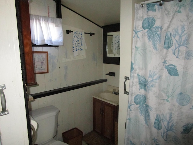 bathroom with vanity, toilet, and a shower with shower curtain