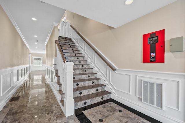 595 Main St Unit 37, Chatham, MA 02633 - stairway with a decorative wall, wainscoting, recessed lighting, and crown molding