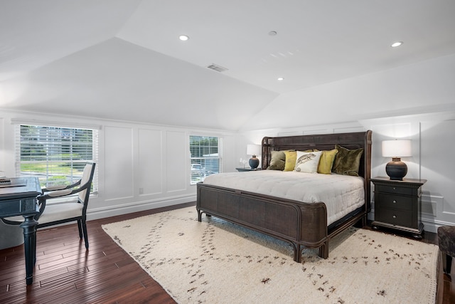 595 Main St Unit 37, Chatham, MA 02633 - bedroom featuring wood finished floors, lofted ceiling, a decorative wall, and recessed lighting