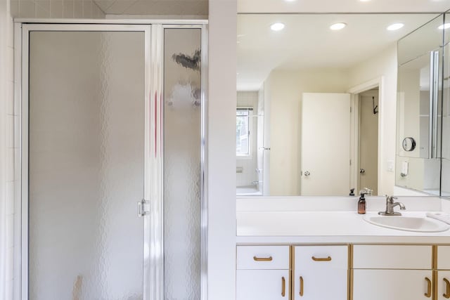 18 Juniper Cir, Brewster, MA 02631 - bathroom featuring a stall shower, vanity, and recessed lighting