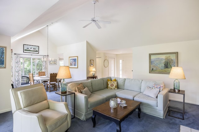 18 Juniper Cir, Brewster, MA 02631 - living area with high vaulted ceiling, ceiling fan, carpet, and baseboards