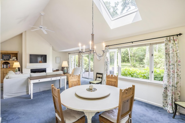18 Juniper Cir, Brewster, MA 02631 - carpeted dining space with lofted ceiling, a chandelier, a skylight, a ceiling fan, and baseboards