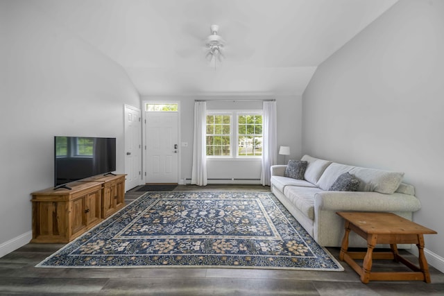 5 Whiffletree Cir, Sandwich, MA 02563 - living area with lofted ceiling, wood finished floors, baseboards, and ceiling fan