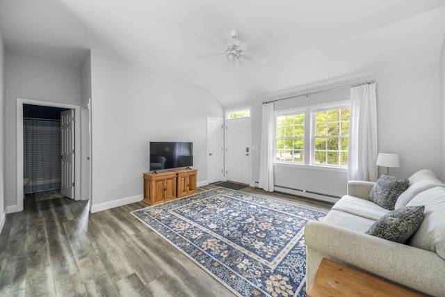 5 Whiffletree Cir, Sandwich, MA 02563 - living area with lofted ceiling, wood finished floors, baseboards, baseboard heating, and ceiling fan