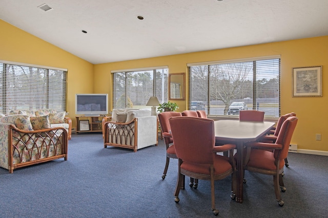 146 Crescent Ln, Brewster, MA 02631 - carpeted dining space featuring plenty of natural light and vaulted ceiling