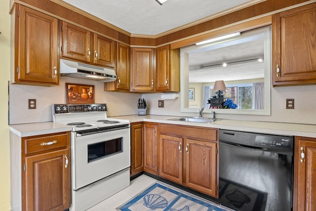 146 Crescent Ln, Brewster, MA 02631 - kitchen featuring under cabinet range hood, black dishwasher, white range with electric cooktop, a sink, and brown cabinetry