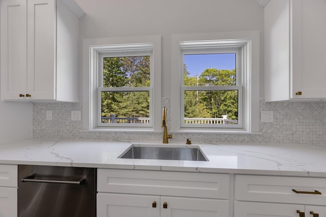 84 Hooppole Rd, Mashpee, MA 02649 - kitchen with a sink, white cabinetry, decorative backsplash, and stainless steel dishwasher