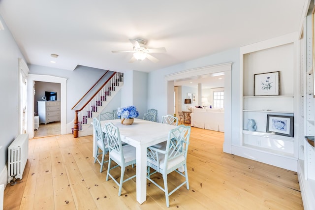 dining area with radiator, light hardwood / wood-style flooring, and ceiling fan