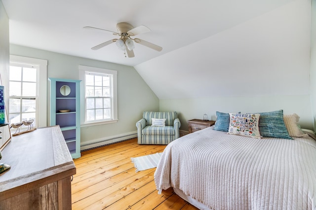 bedroom featuring lofted ceiling, hardwood / wood-style floors, ceiling fan, and baseboard heating