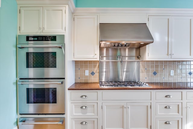 kitchen with white cabinetry, range hood, and appliances with stainless steel finishes