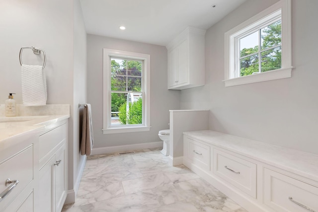 9 Joy Ln, Orleans, MA 02653 - bathroom with vanity, toilet, baseboards, marble finish flooring, and recessed lighting