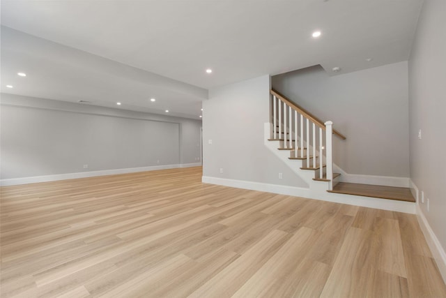9 Joy Ln, Orleans, MA 02653 - below grade area featuring light wood finished floors, stairway, recessed lighting, and baseboards