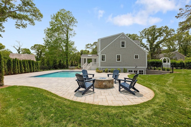 9 Joy Ln, Orleans, MA 02653 - outdoor pool featuring a patio area, a fire pit, and a yard