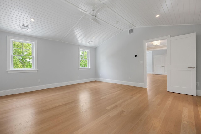 9 Joy Ln, Orleans, MA 02653 - spare room with a ceiling fan, vaulted ceiling, light wood-style floors, wooden ceiling, and baseboards