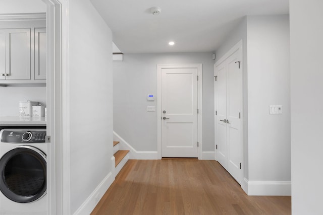 9 Joy Ln, Orleans, MA 02653 - laundry area with washer / clothes dryer, cabinet space, wood finished floors, recessed lighting, and baseboards