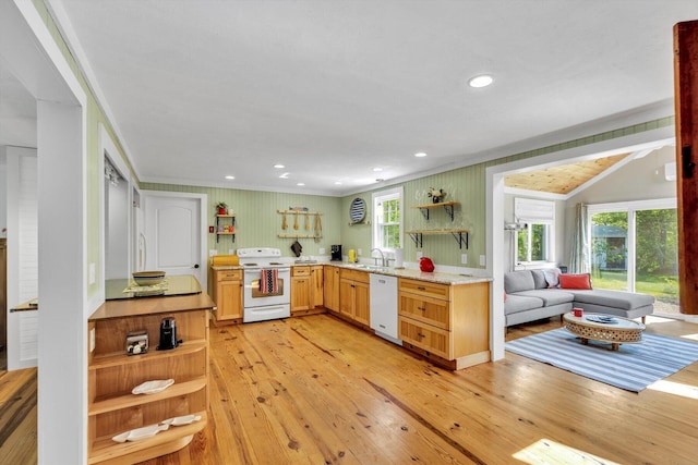 274 Morton Rd, South Chatham, MA 02659 - kitchen with open shelves, white appliances, crown molding, light wood finished floors, and a sink