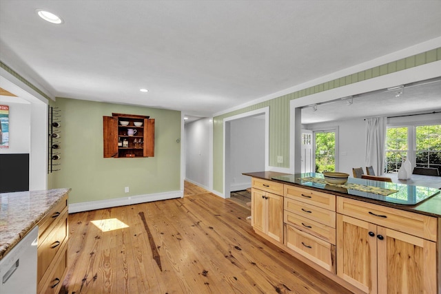 274 Morton Rd, South Chatham, MA 02659 - kitchen featuring baseboards, light wood finished floors, dishwasher, light brown cabinetry, and dark stone countertops