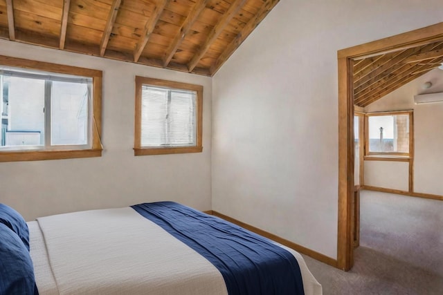 bedroom featuring wood ceiling, a wall mounted air conditioner, carpet flooring, and vaulted ceiling with beams