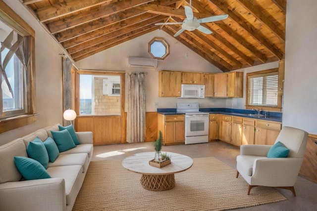 kitchen with white appliances, beamed ceiling, an AC wall unit, and wood ceiling