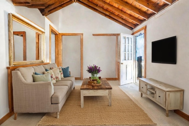 living room featuring wooden ceiling, light carpet, and lofted ceiling with beams