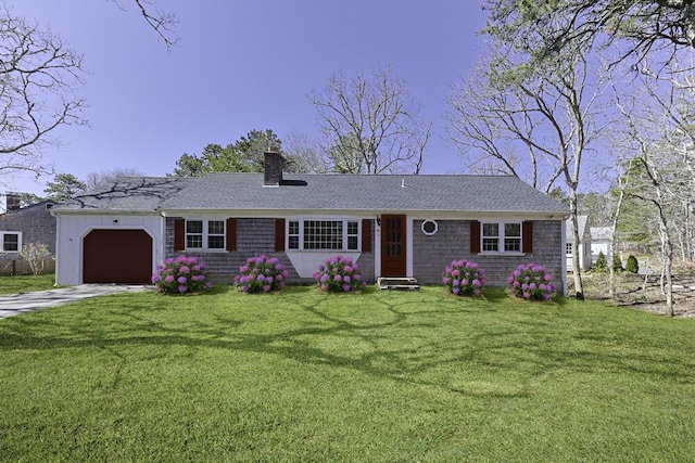 261 Old Chatham Rd, South Dennis, MA 02660 - single story home featuring a chimney, an attached garage, concrete driveway, and a front lawn