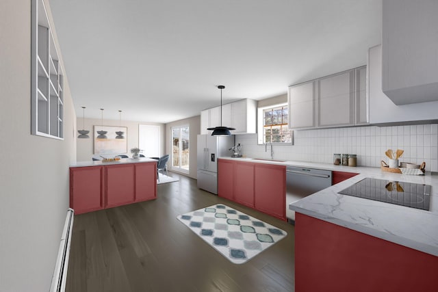 261 Old Chatham Rd, South Dennis, MA 02660 - kitchen featuring stainless steel dishwasher, white refrigerator with ice dispenser, black electric cooktop, a sink, and a baseboard heating unit