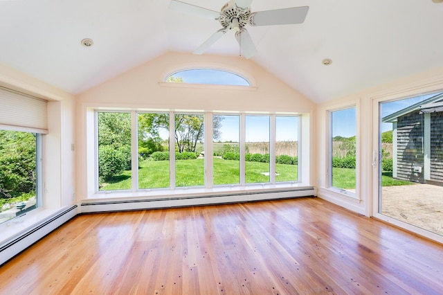40 Thacher Shore Rd, Yarmouth Port, MA 02675 - unfurnished sunroom featuring vaulted ceiling, a baseboard heating unit, and wood finished floors