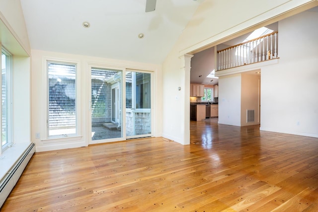 40 Thacher Shore Rd, Yarmouth Port, MA 02675 - unfurnished room with a baseboard radiator, plenty of natural light, light wood finished floors, high vaulted ceiling, and a ceiling fan