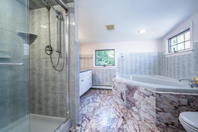 40 Thacher Shore Rd, Yarmouth Port, MA 02675 - full bathroom with tile walls, marble finish floors, a baseboard heating unit, a bath, and a stall shower