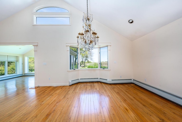40 Thacher Shore Rd, Yarmouth Port, MA 02675 - unfurnished room with light wood-type flooring, a chandelier, high vaulted ceiling, plenty of natural light, and a baseboard radiator