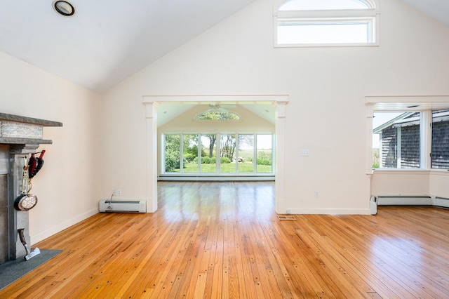 40 Thacher Shore Rd, Yarmouth Port, MA 02675 - unfurnished living room with a baseboard radiator, hardwood / wood-style flooring, a fireplace with flush hearth, high vaulted ceiling, and baseboards