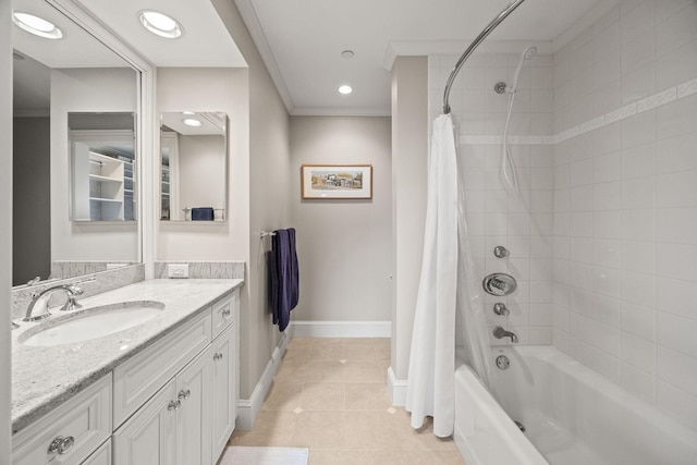 bathroom with tile patterned flooring, shower / tub combo, vanity, ornamental molding, and baseboards