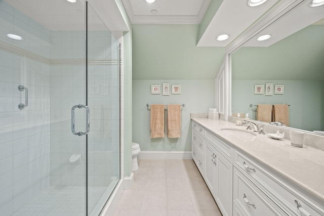 bathroom with a stall shower, crown molding, tile patterned floors, vanity, and toilet