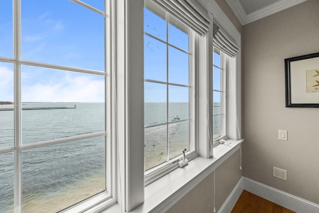 detailed view of a water view, ornamental molding, and baseboards