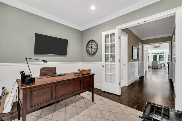 66 Simons Rd Unit A, Mashpee, MA 02649 - office area with wood finished floors, french doors, crown molding, a wainscoted wall, and recessed lighting