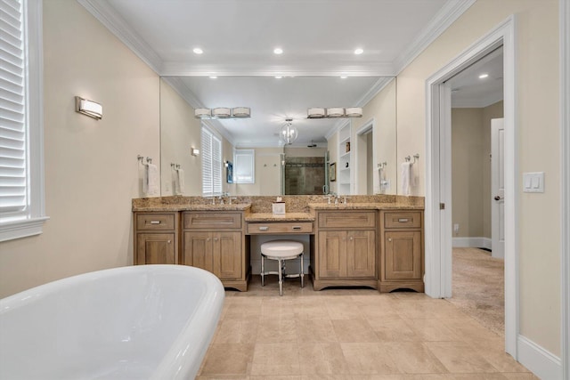 66 Simons Rd Unit A, Mashpee, MA 02649 - full bath featuring vanity, a shower stall, crown molding, a freestanding tub, and recessed lighting