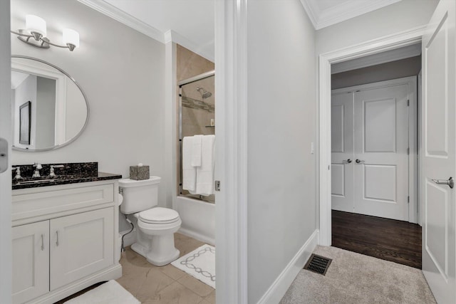 66 Simons Rd Unit A, Mashpee, MA 02649 - bathroom with crown molding, vanity, and bath / shower combo with glass door