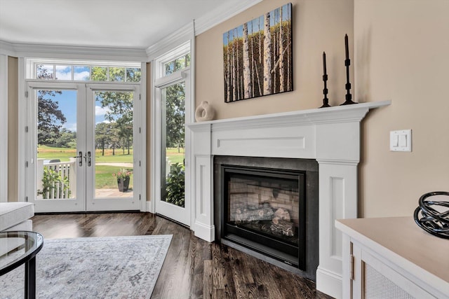 66 Simons Rd Unit A, Mashpee, MA 02649 - living room with a glass covered fireplace, dark wood finished floors, french doors, and ornamental molding