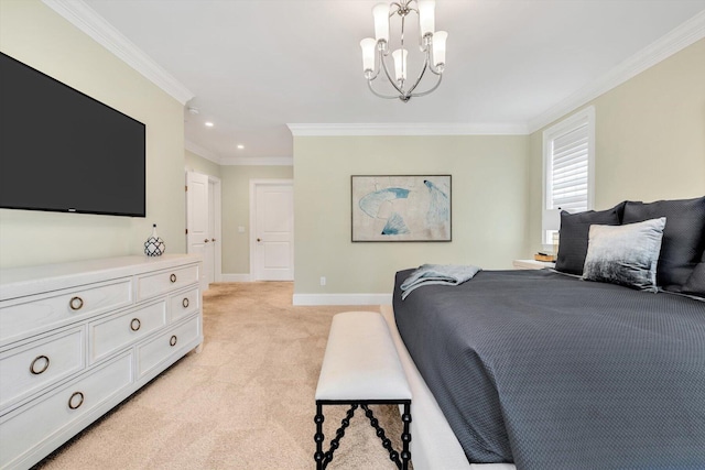 66 Simons Rd Unit A, Mashpee, MA 02649 - bedroom with light colored carpet, crown molding, a chandelier, and recessed lighting