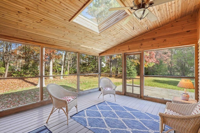 sunroom / solarium featuring ceiling fan, lofted ceiling, and wood ceiling