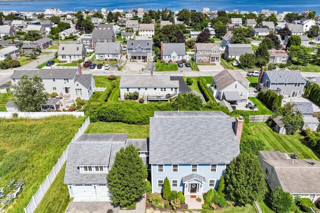 drone / aerial view featuring a water view